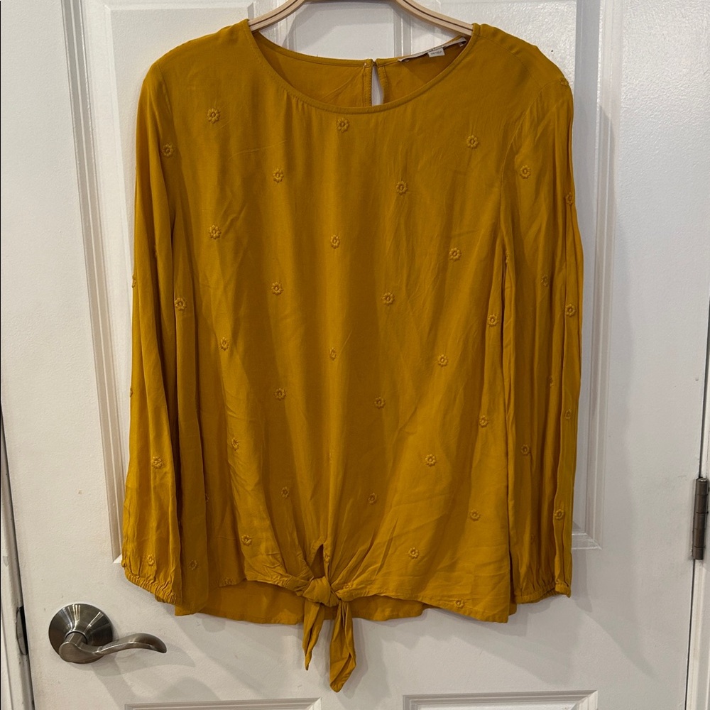 LOFT Mustard Yellow Blouse with Floral Embroidery